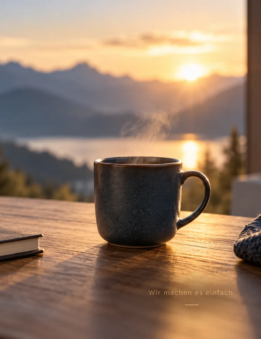 Kaffeetasse und Notizbuch mit Bergblick
